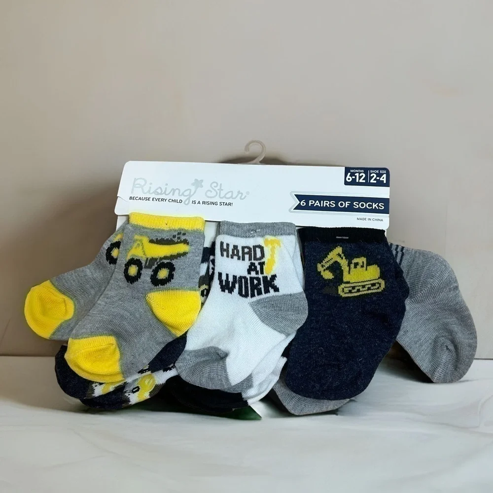 Construction Sock Set NWT 6-12 mos Sz 2-4 Baby Excavator Dump Truck Yellow Gray